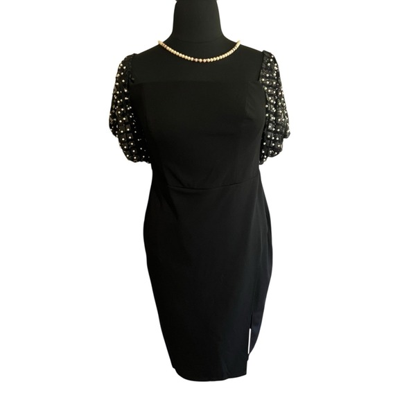 Premier Amour Dresses & Skirts - Black Cocktail Prom Party Guest Dress Puff Faux Pearl Sleeves Side Slit Size‎ 16